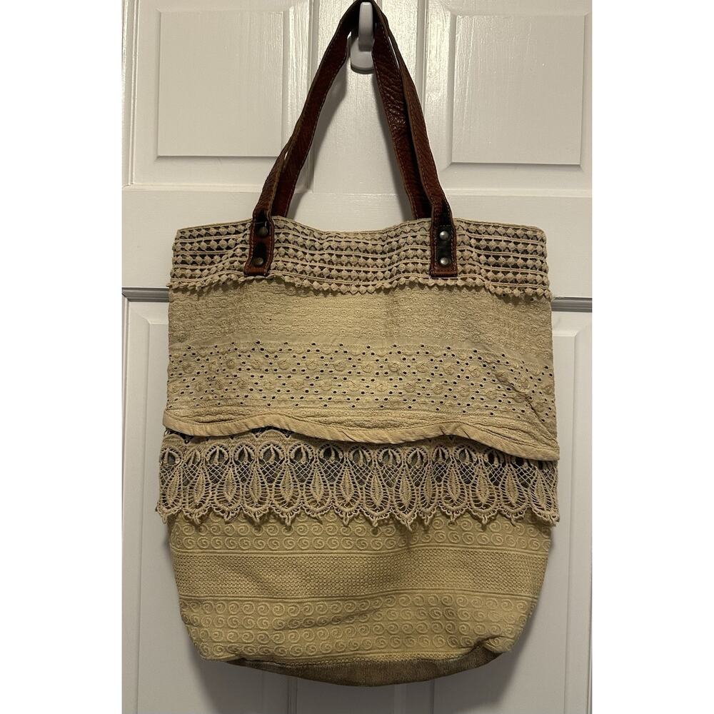 Mona B Boho Lace Crochet Canvas Tote Bag Leather Straps Upcycled Patchwork
